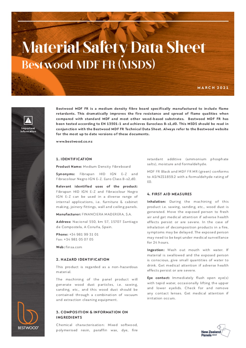 Bestwood MDF FR Material Safety Data Sheet