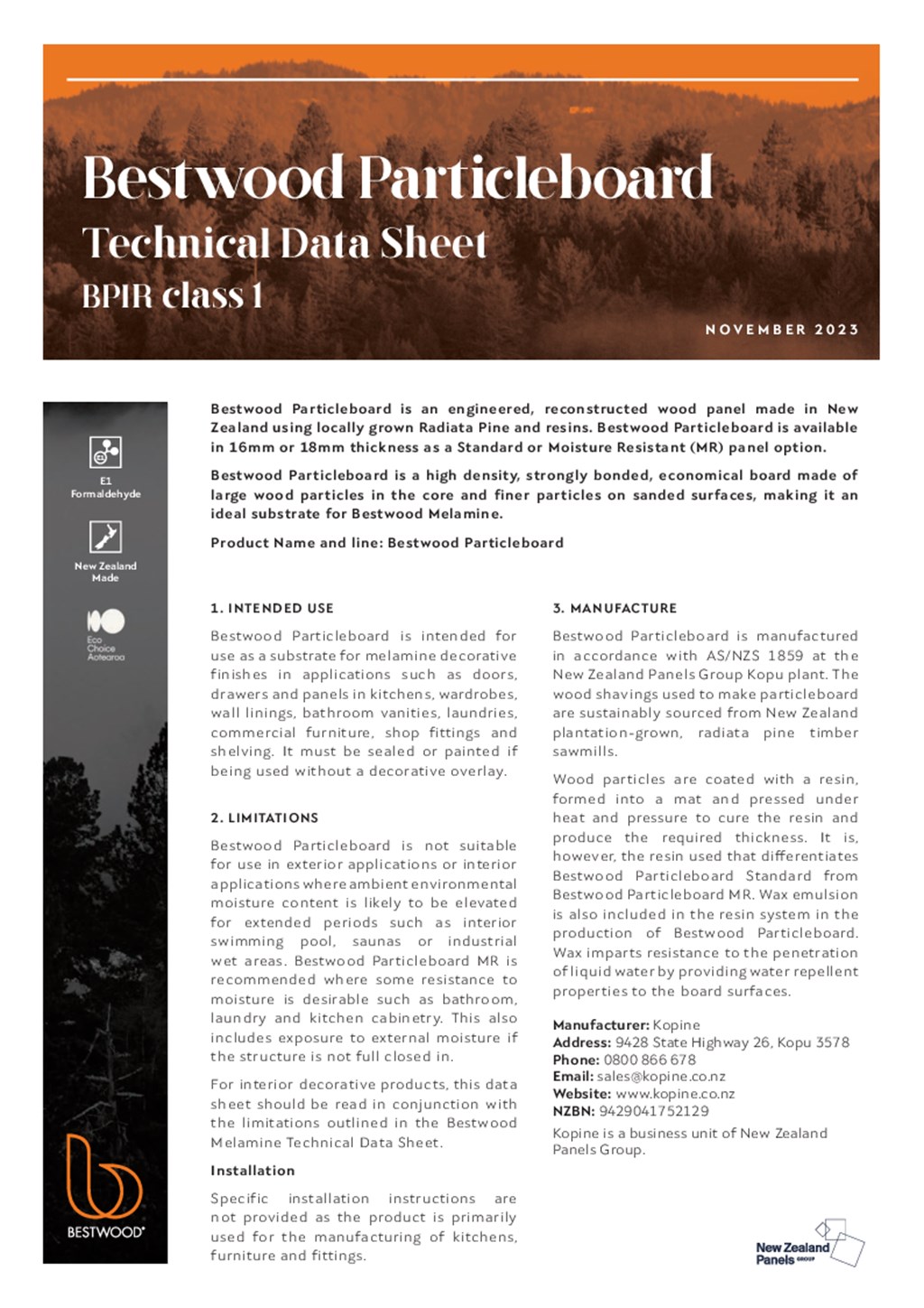 Bestwood Particleboard Technical Data Sheet / BPIR