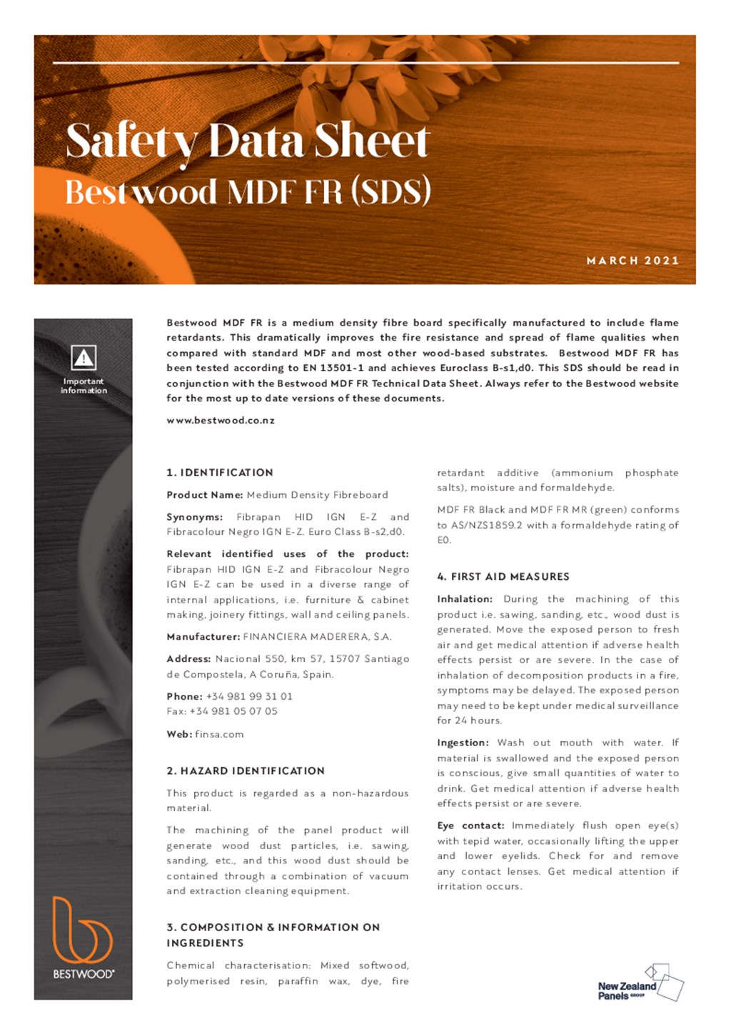 Bestwood MDF FR Safety Data Sheet