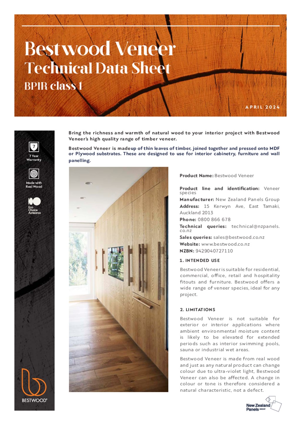 Bestwood Veneer Technical Data Sheet / BPIR