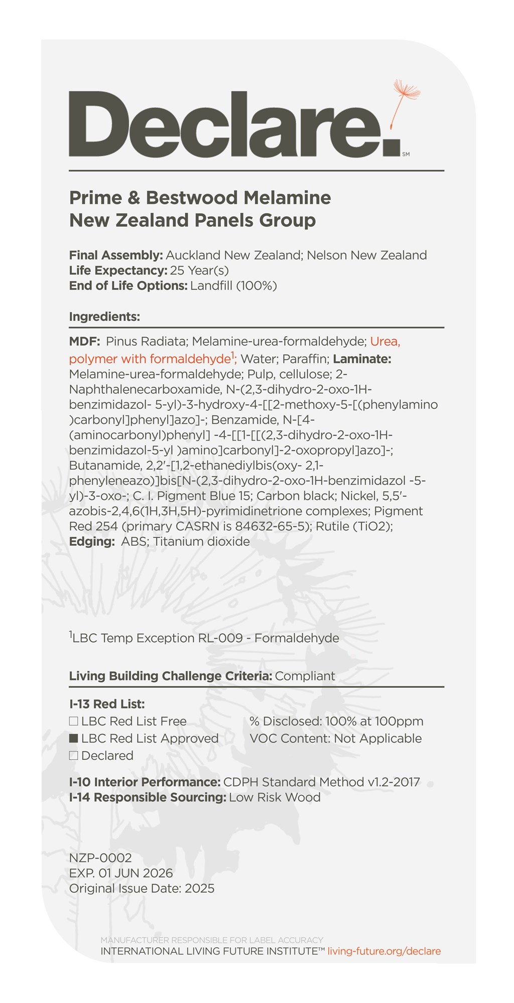 Prime & Bestwood Melamine Declare label