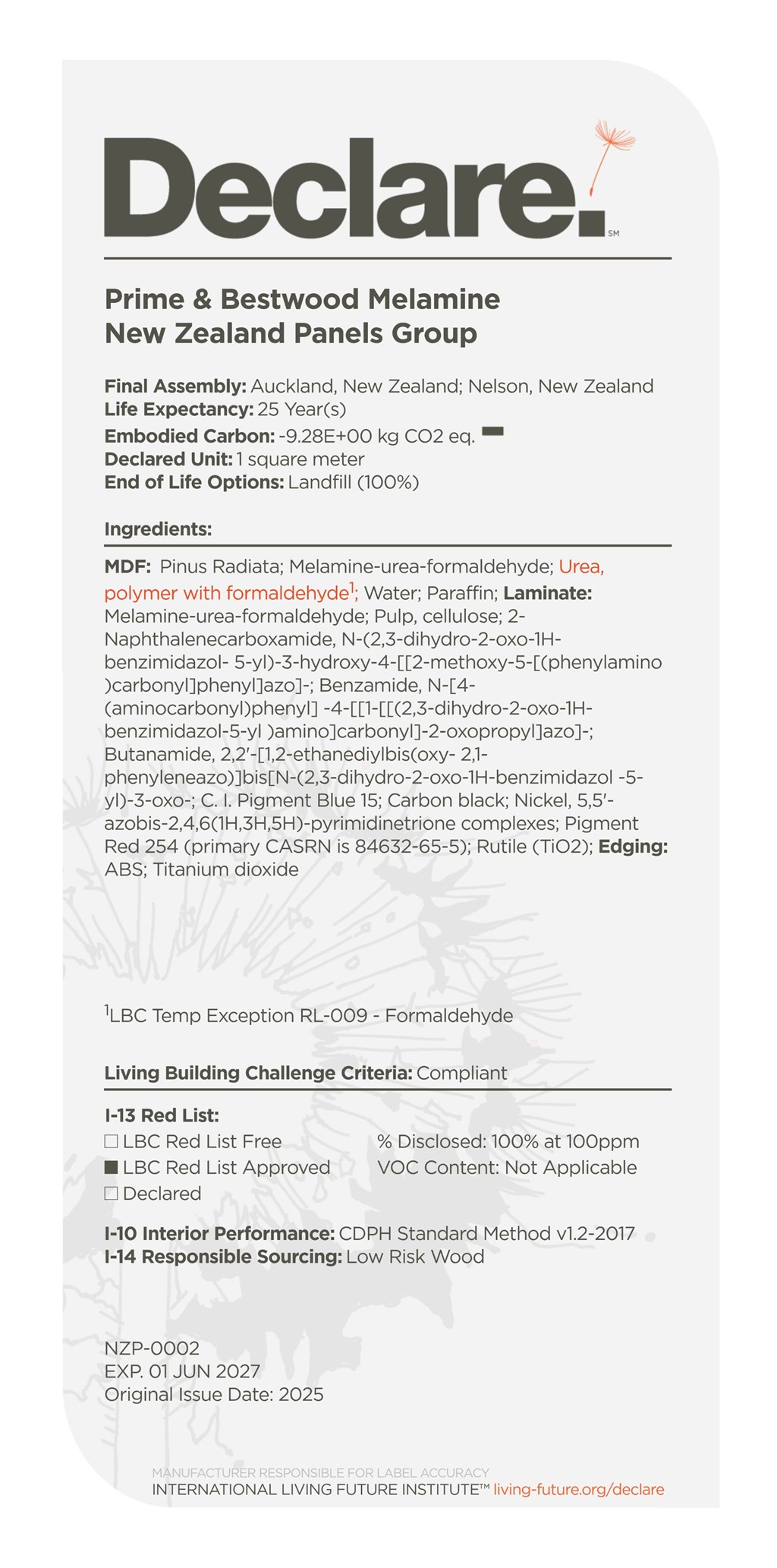 Prime & Bestwood Melamine Declare label
