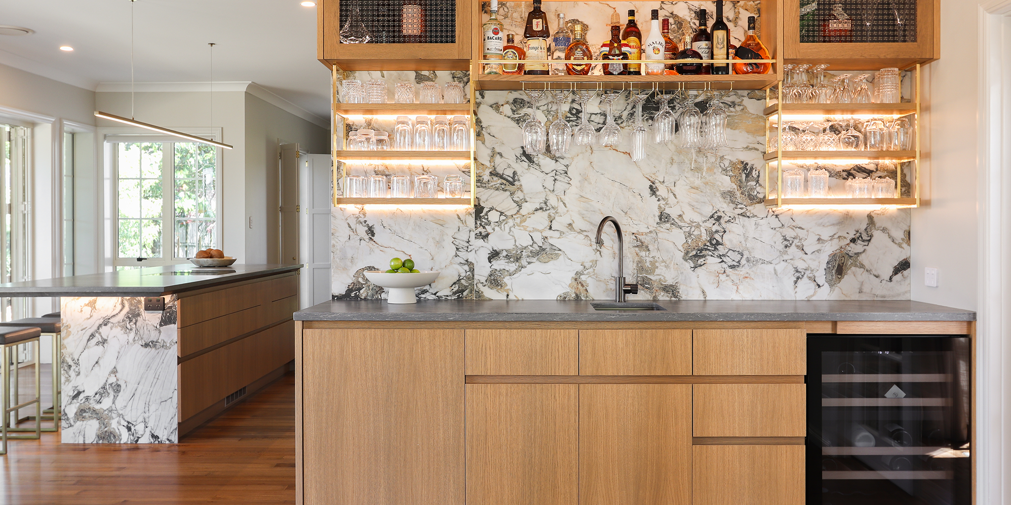 modern contemporary at-home bar with veneer cabinetry 